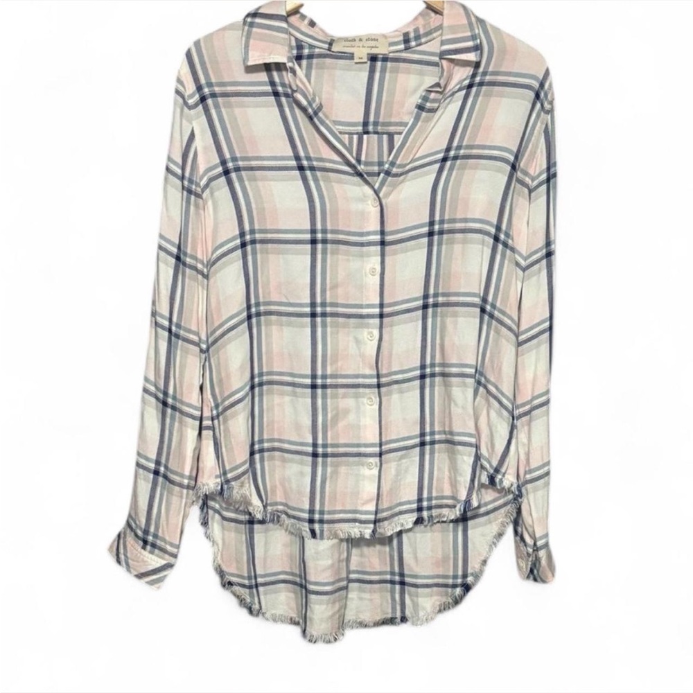 Cloth & Stone Plaid Fringe Button Down Top